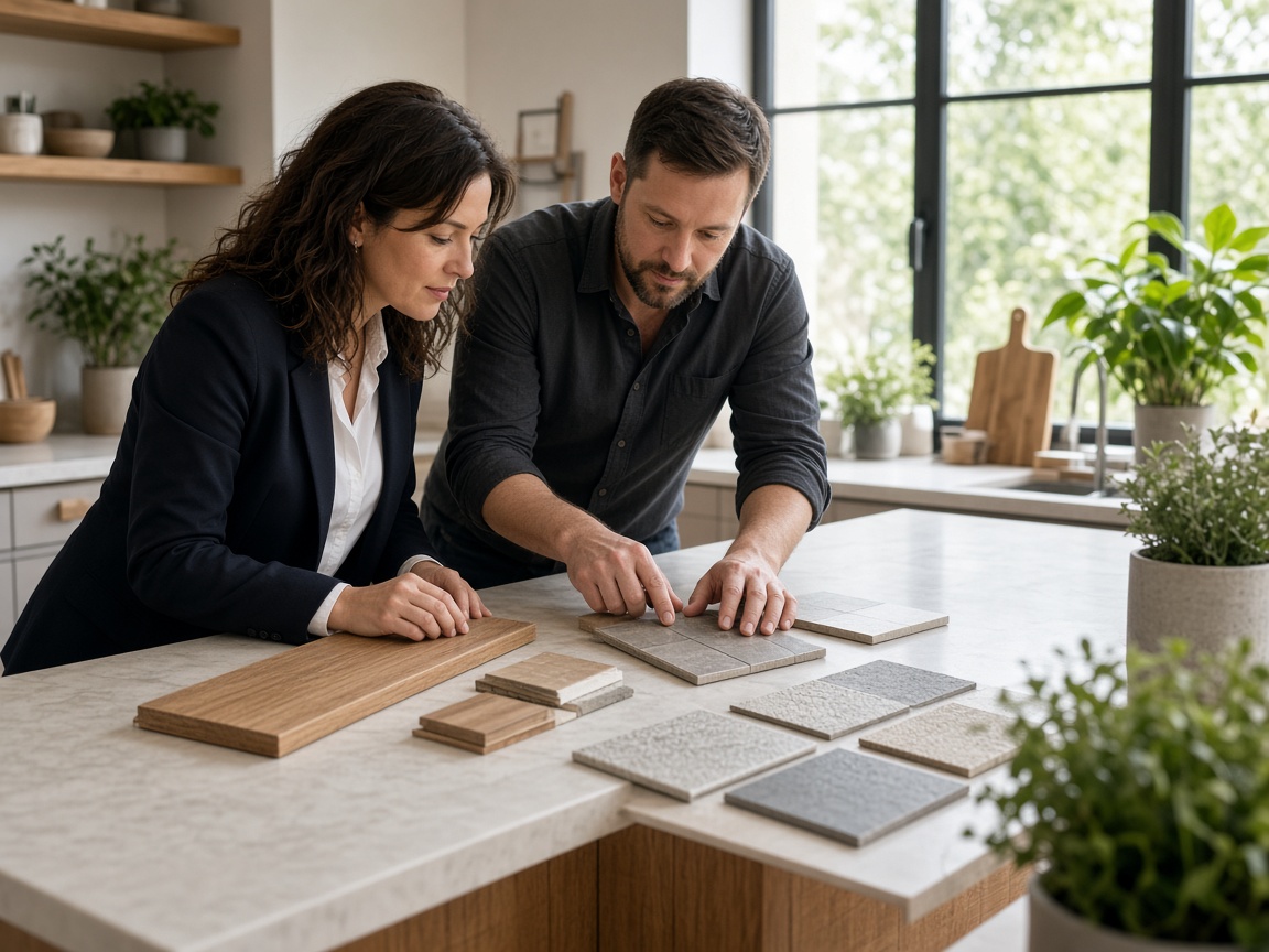 Craftspeople comparing finishes at a kitchen island